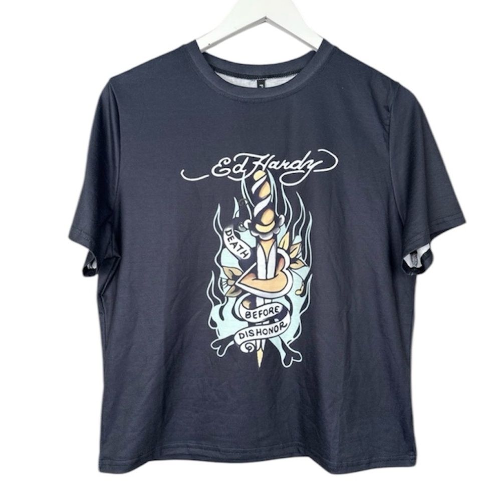 Ed Hardy Death Before Dishonor Cropped Tee Shirt Size XL NWT NEW